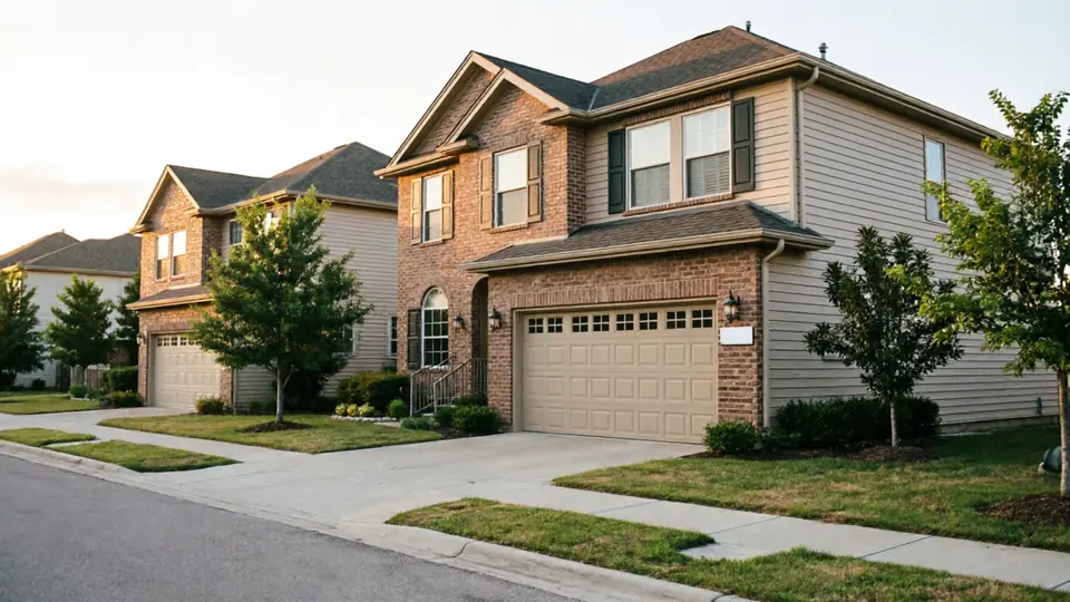 A row of houses with beige garage doors and brick facades.