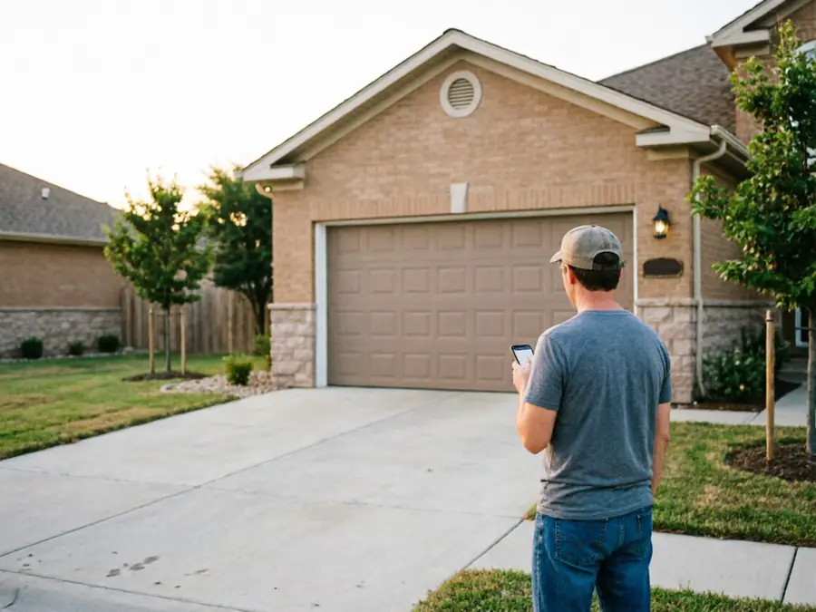 A man in a hat stands in a driveway looking at his phone.