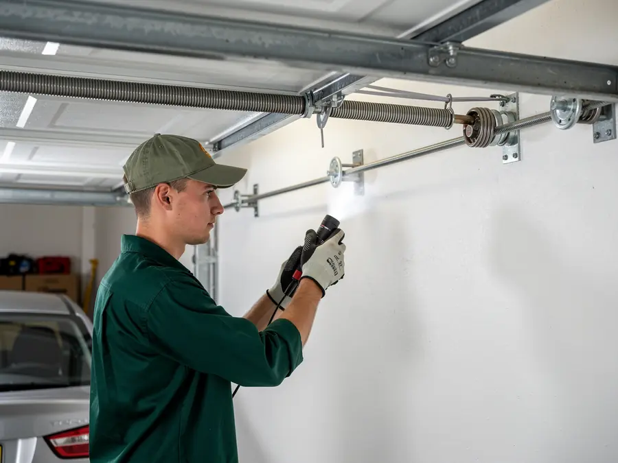 A technician in a green shirt and cap shines a flashlight on a torsion spring.